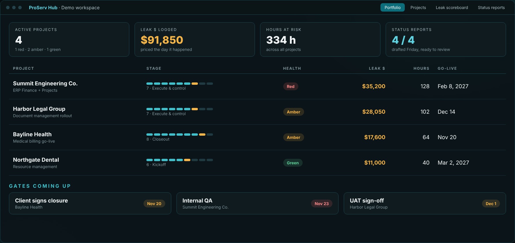 The ProServ Hub portfolio screen with demo projects